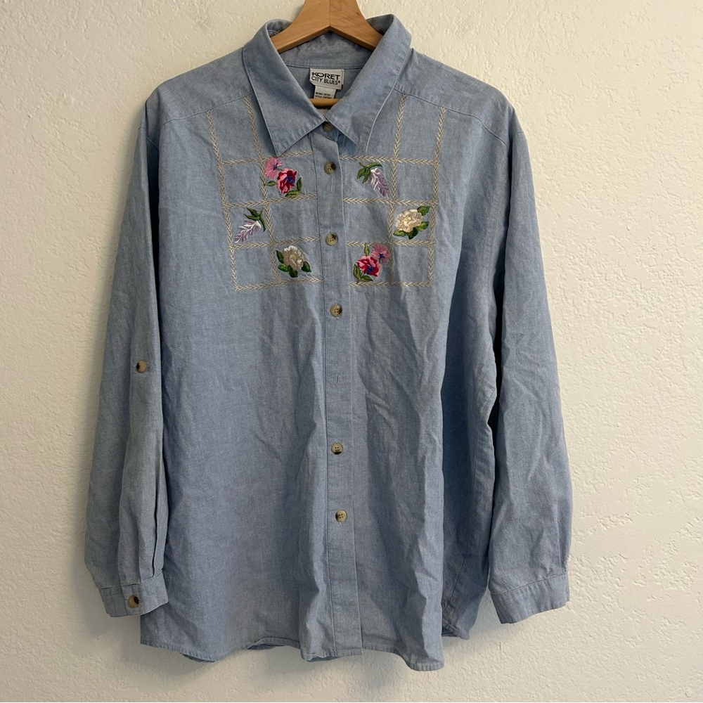 Vintage Koret City Blues Chambray Shirt 2X | Floral Embroidered Button Down
